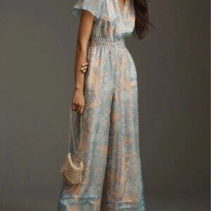Anthropologie Somerset Blue Cream Floral Organza Silk Wide Leg Jumpsuit XL NWT